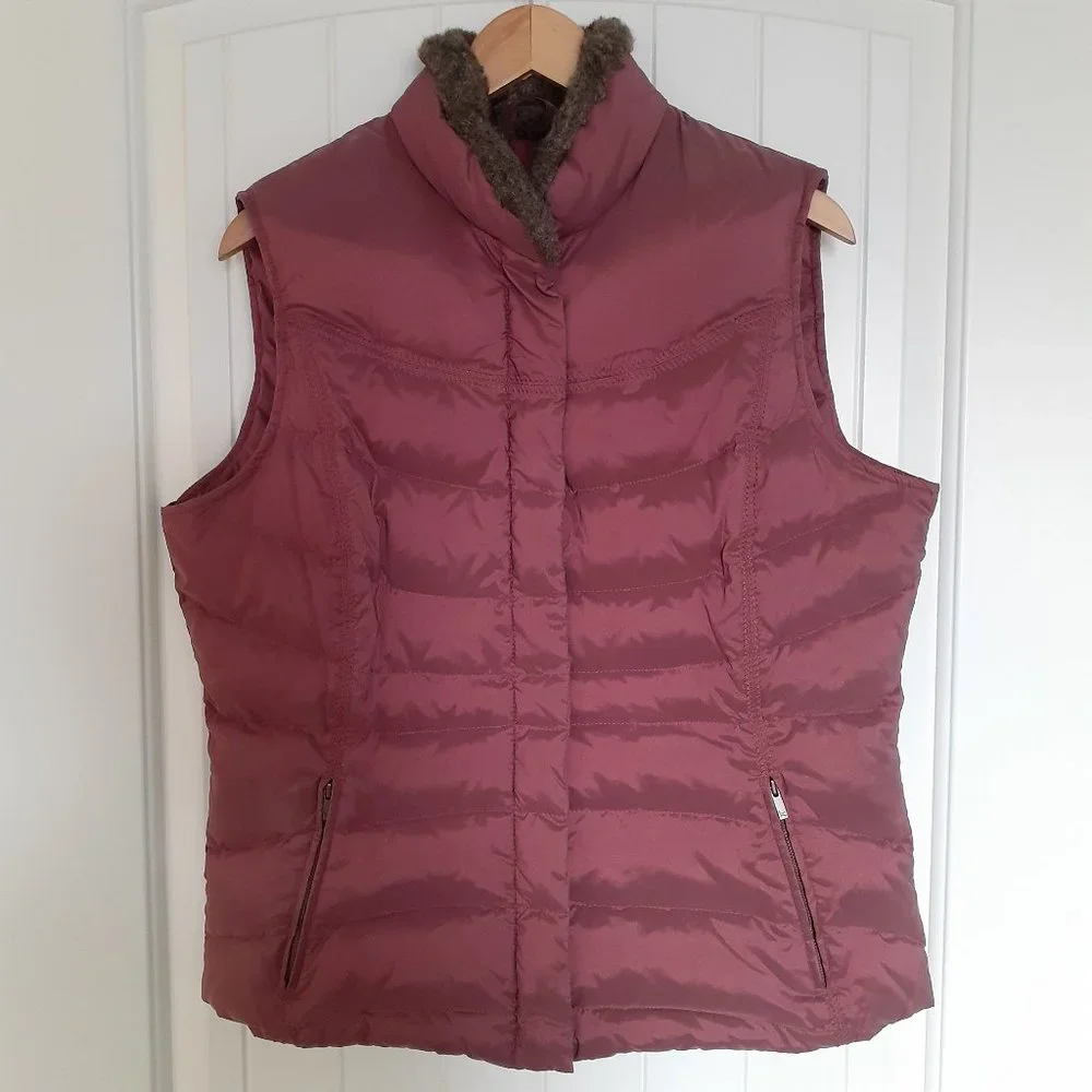 Eddie Bauer Goose Down Full Zip & Snap Vest with Faux Fur Collar Red Size L